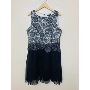 London Times Lace Open Back Tulle Mesh Cocktail Dress Size 14 Black Silver
